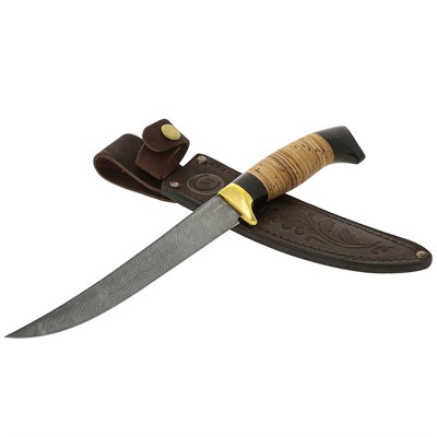 Нож Филейный средний (дамасская сталь, рукоять береста, черный граб) - фото 11810