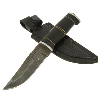 Нож Рысь (дамасская сталь, рукоять черный граб, наборная кожа) - фото 14342