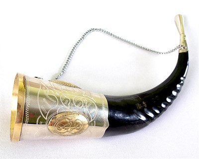 Элитный подарочный рог кавказского тура мельхиоровый с медальонами (33-35 см) - фото 7737